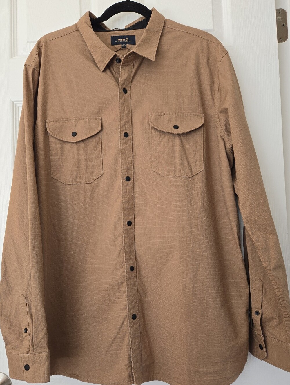 Men's ROARK Khaki/Brown Campover Snap Button Stretch Ripstop Shirt Size XL